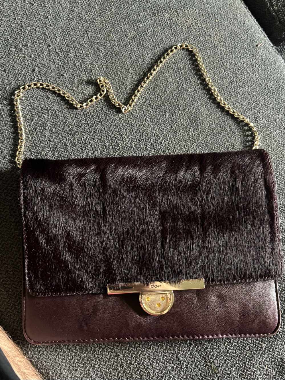 DKNY Burgundy Calf Hair and Leather Chain Crossbody Bag